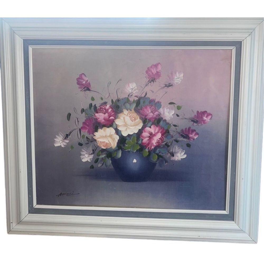 Original Signed Rose Flower Oil Painting Farmhouse Cottagecore Home Decor Art